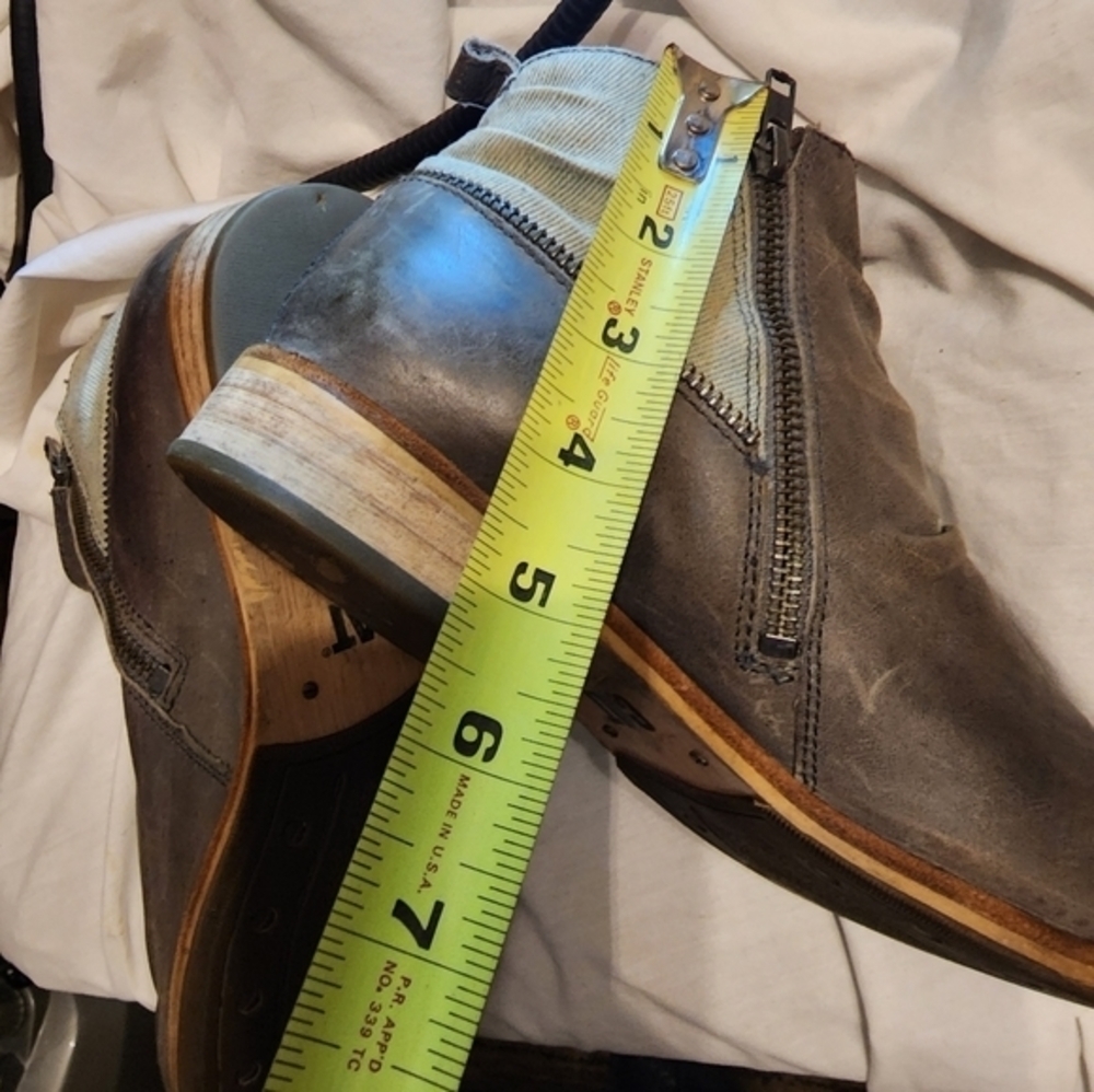 CAT Mixed Media Moto Ankle Boots Distressed Faux Leather Canvas Block Heel 8 - Picture 4 of 15